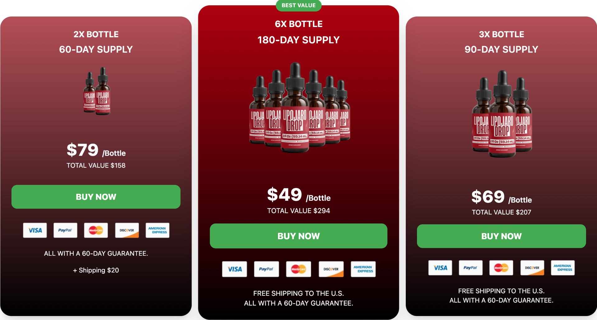 LipoJaro Drops pricing: 2, 3 and 6 bottle bundles